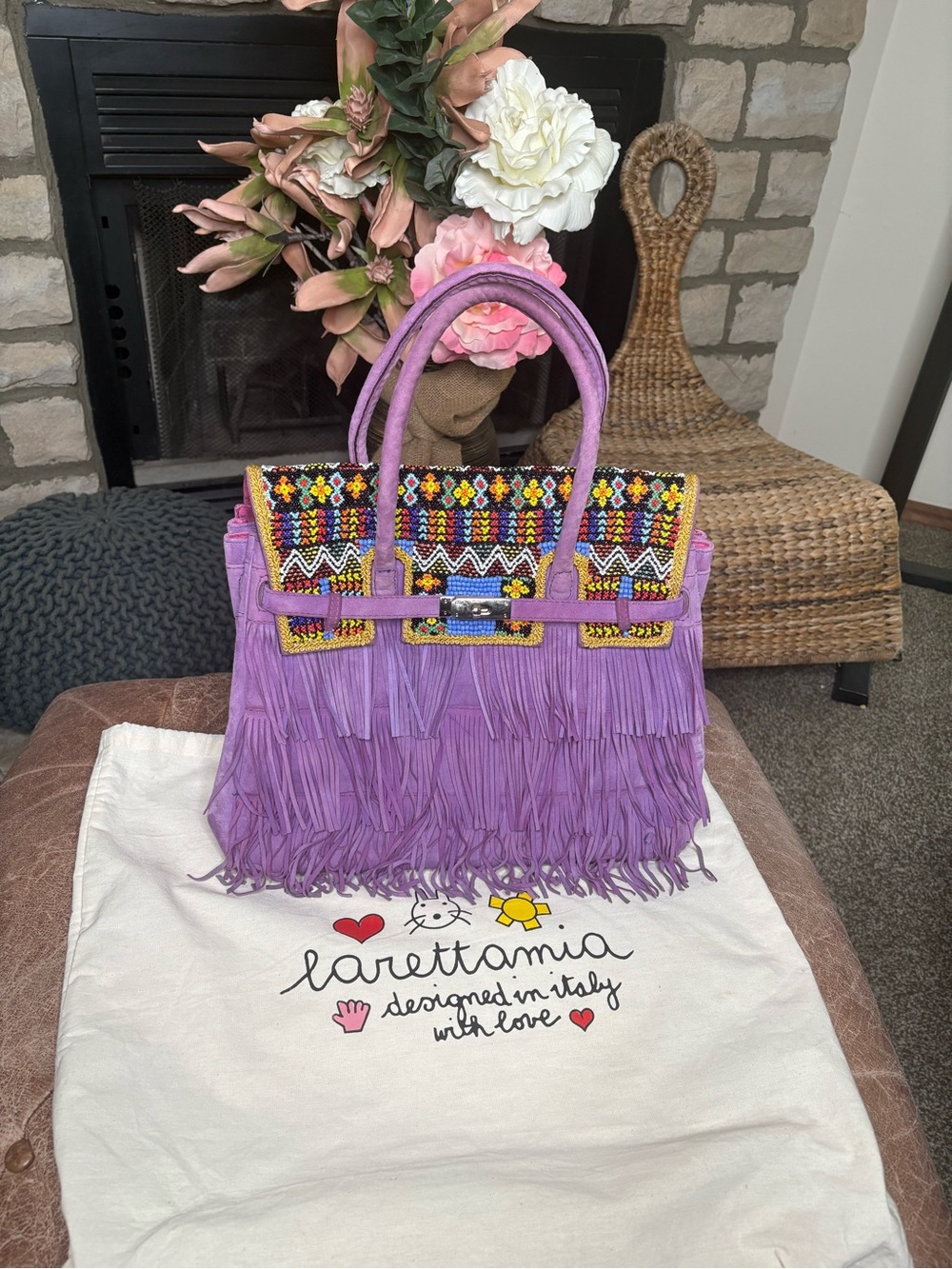 Larettamia purple suede fringe beaded bag